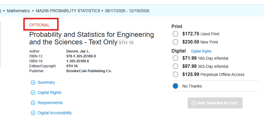 Virtual bookstore listing for MA206 showing Devore, Probability and Statistics for Engineering and the Sciences, 9th edition, flagged OPTIONAL, with print prices of $172.75 used and $230.50 new and digital rental options