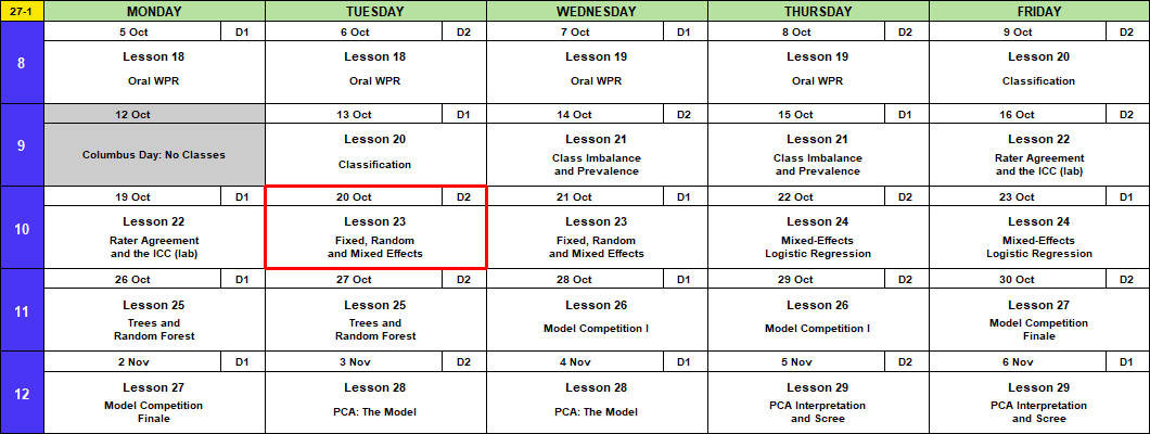 Calendar for 5 October to 6 November with a red box around Tuesday 20 October, Lesson 23, Fixed, Random and Mixed Effects.